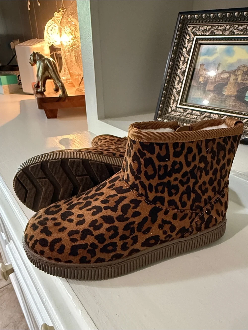 Cat & Jack Girls Leopard Print Faux Fur Ankle Boots Size 12 NWT